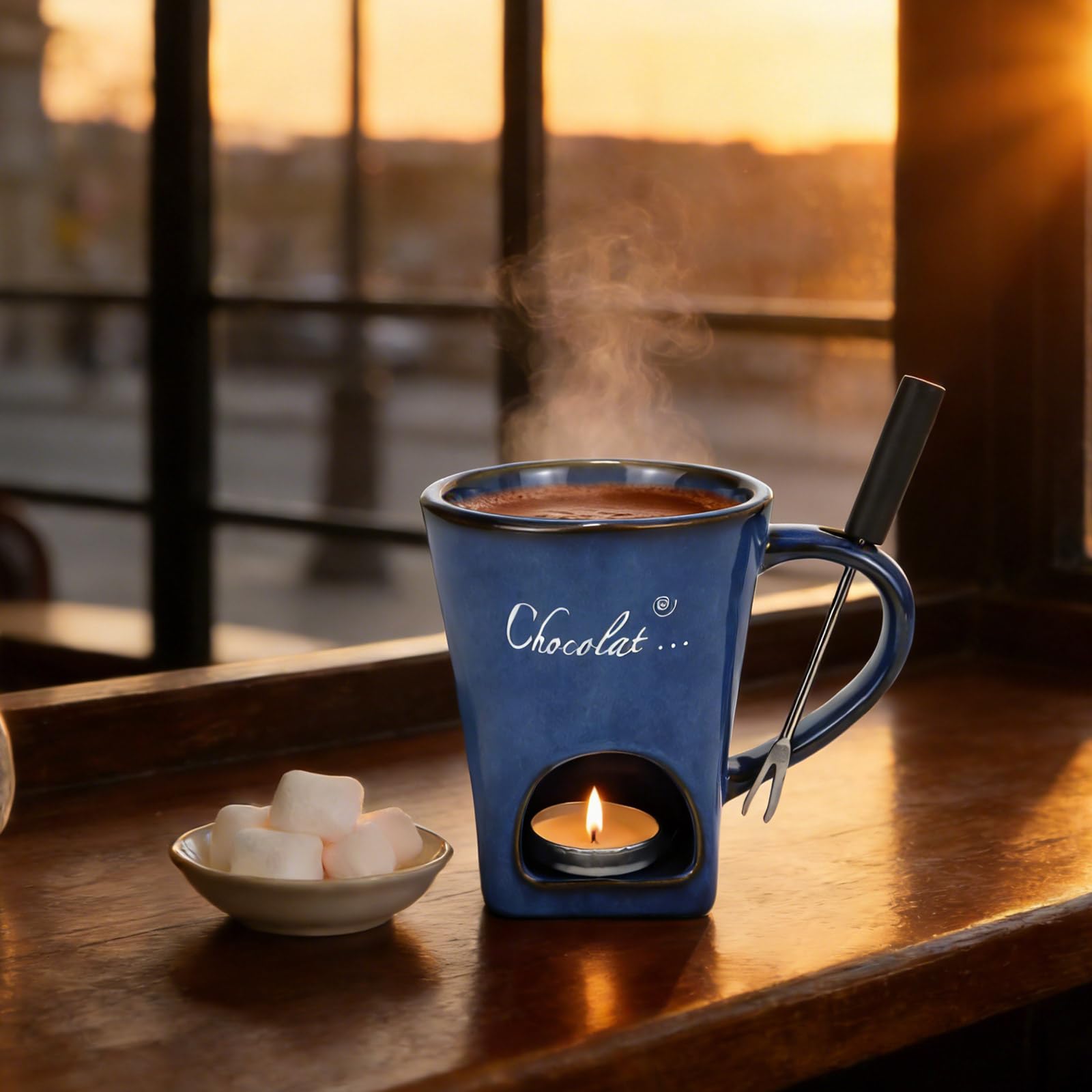 Taza de fondue de chocolate, 130 ml, de cerámica, para fondue de chocolate, juego de vasos con tenedor, juego de fondue de chocolate multiusos para chocolate, queso, mantequilla, caramelo