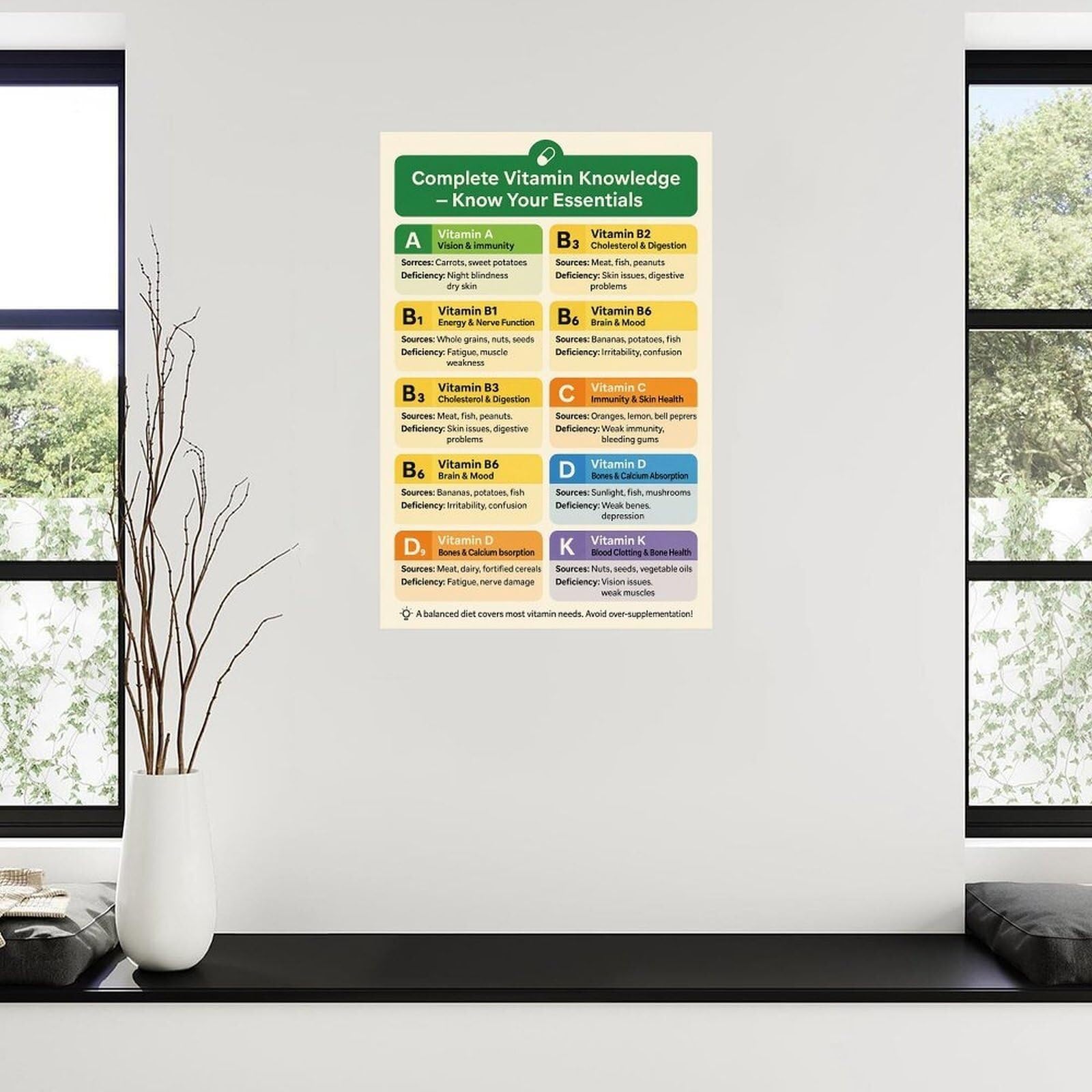BIANMTSW Plakat referencyjny dietetyka - kompletny przewodnik po witaminach i minerałach dla ludzkiego ciała, wykres edukacyjny oprawiony, 40 x 60 cm