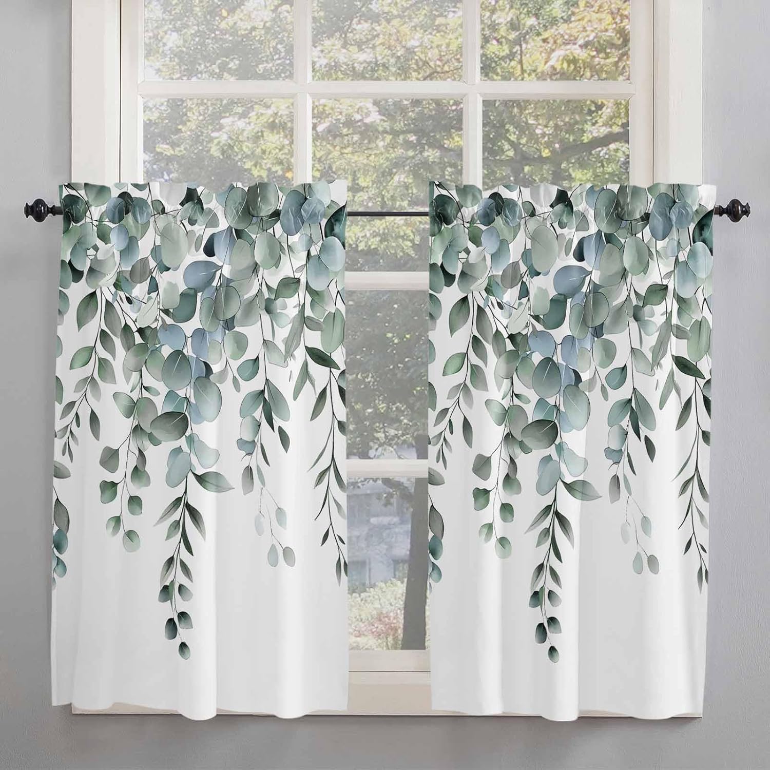 Spring Green Eucalyptus Leaves Kitchen Curtains 54 Inches Length, Summer Botanical Window Treatment Curtain Drapes, Rustic Thermal Insulated Drapes for Basement Hotel RV, 42"x54", 2 Panels