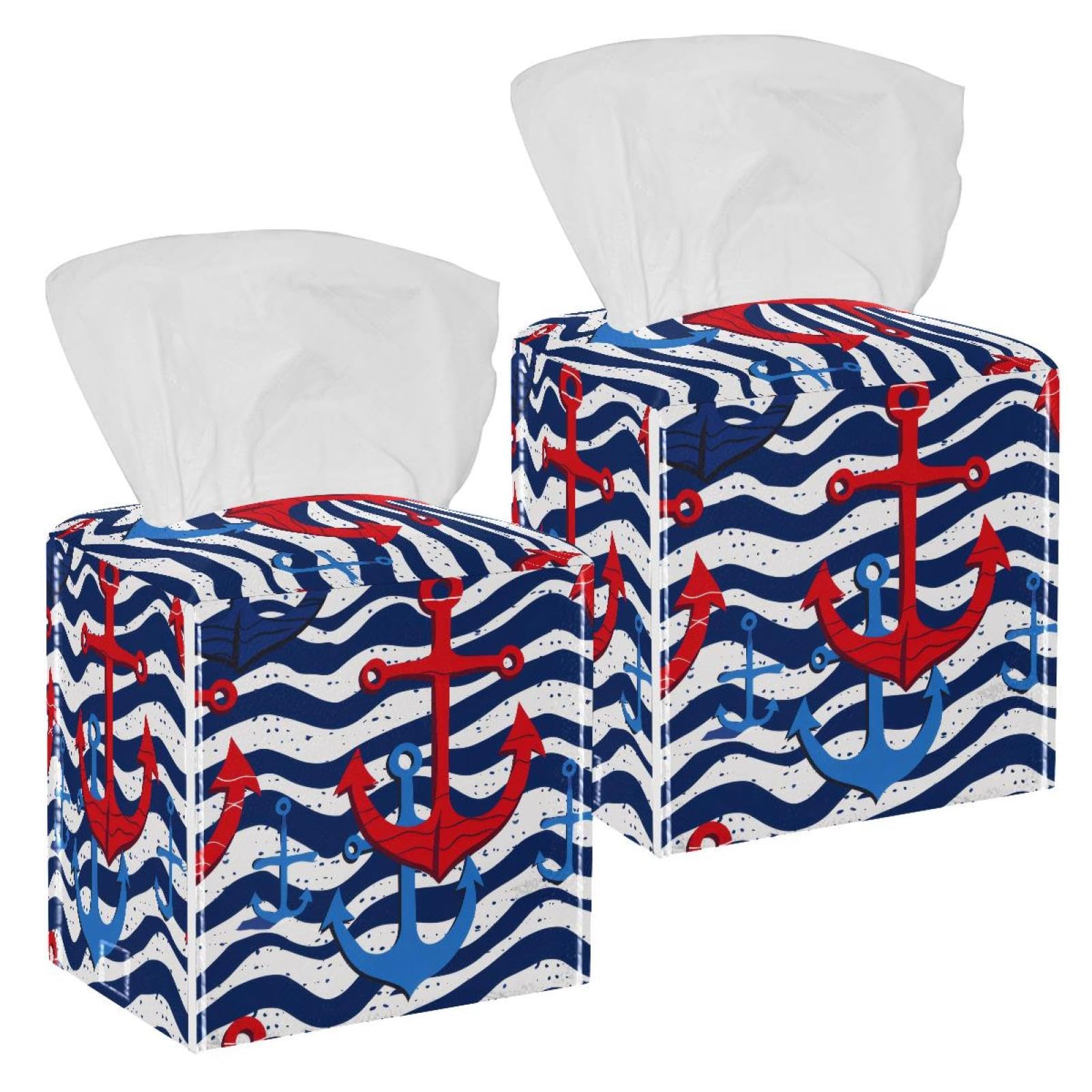Wave Anchor Tissue Box Cover, 2 Pack PU Leather Square Facial Tissue Dispenser Box holder for Home Office Car