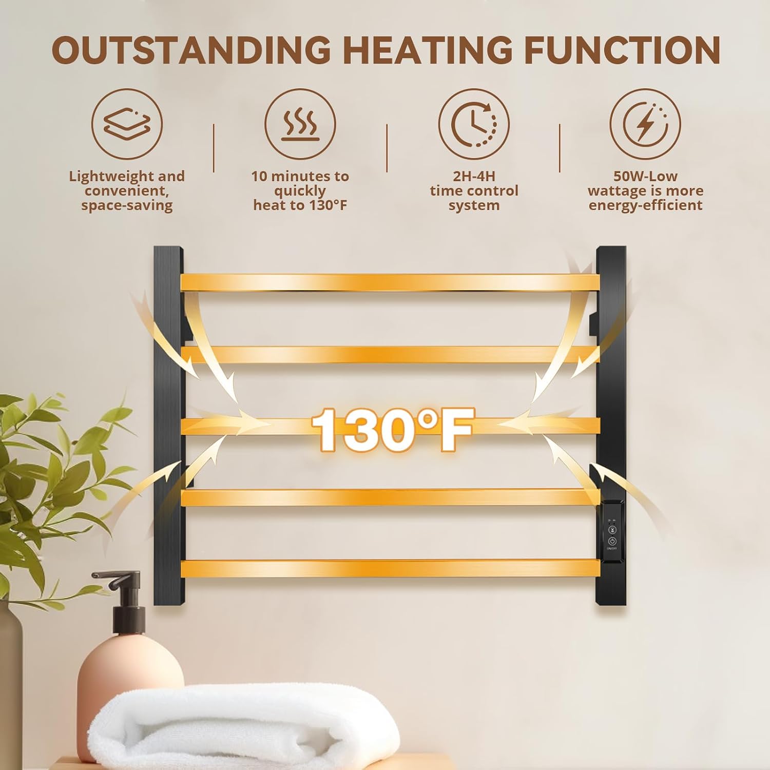 Heated Electric Towel Warmer Wall Mounted Stainless Steel Bathroom Plug-in Towel Storage Rack, Black