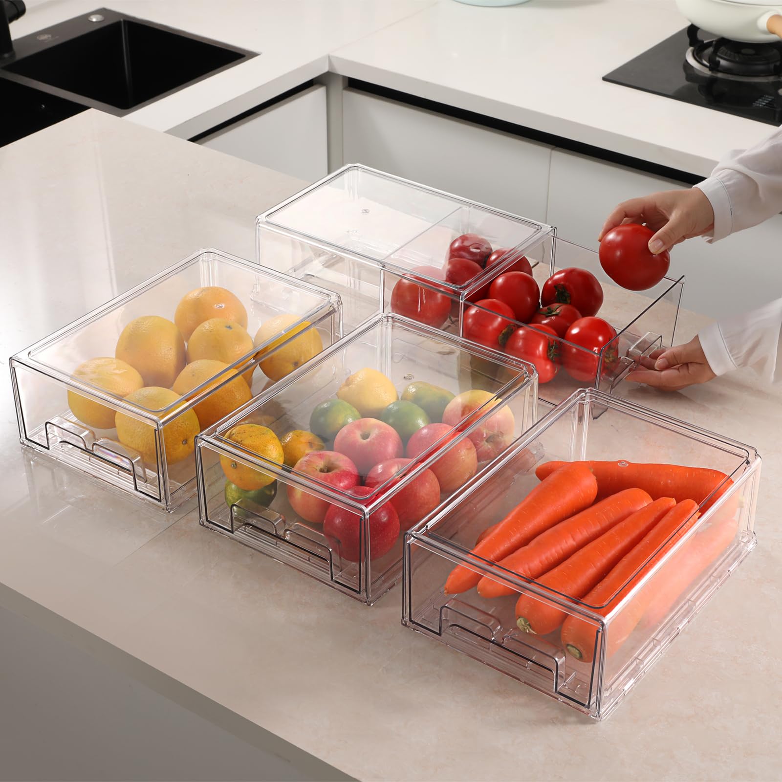 Taiuloo Paquete de 2 cajones de refrigerador, contenedores organizadores transparentes para refrigerador con cajón extraíble, contenedores de almacenamiento de alimentos sin BPA, caja de