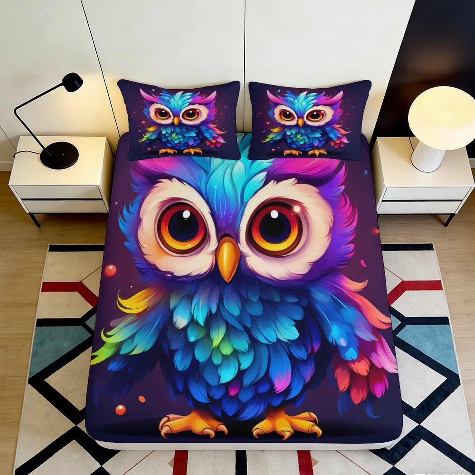 3D Printed Colorful Owl Fitted Sheet Microfiber Soft Anti-Slip Vibrant Bed Sheet for Bedroom Dorm Mattress Decor 90x200x25cm