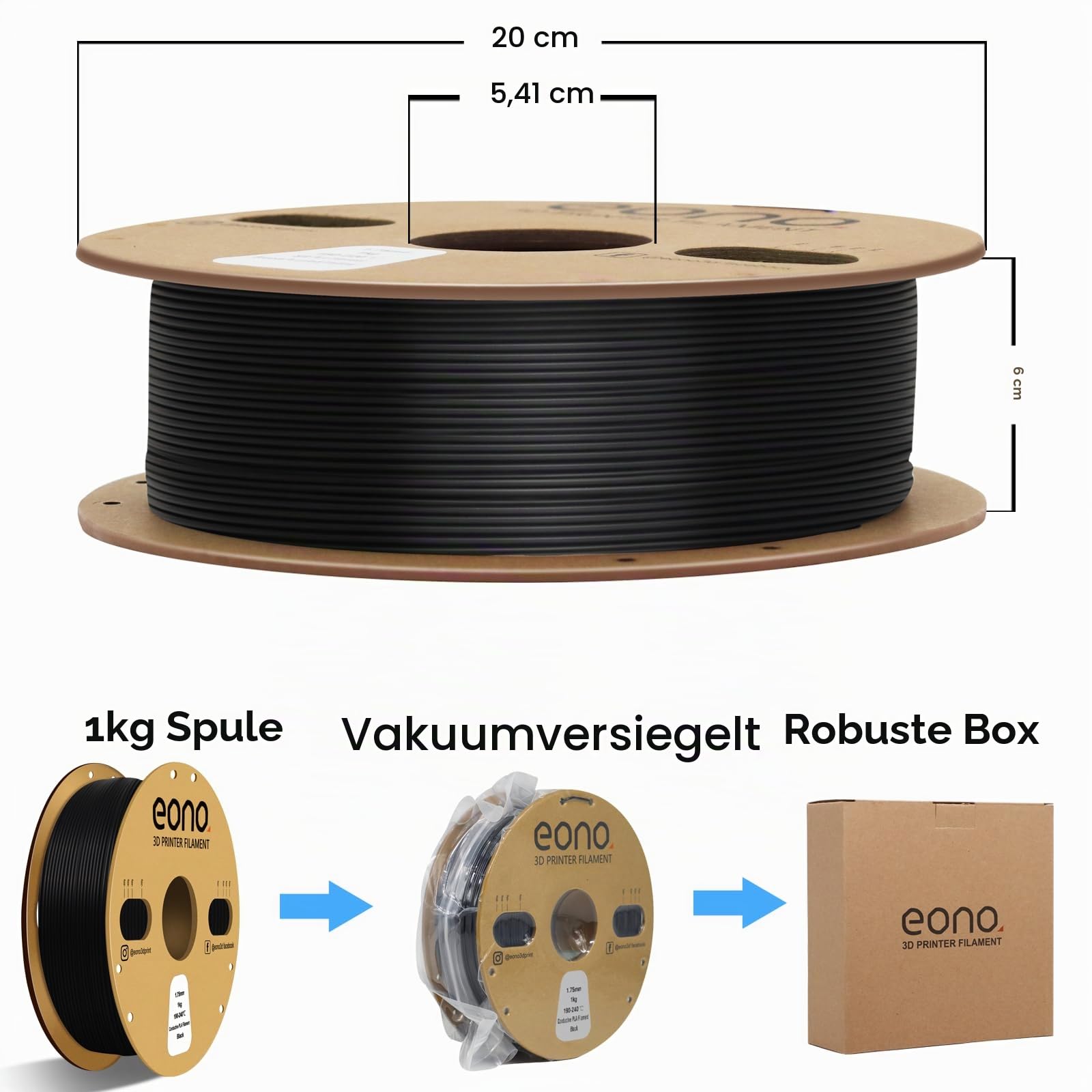 EONO Leitfähiges PLA Filament 1.75mm 1KG Elektrisch Conductive 3D Drucker Filament für ESD-Schutz, Sensoren & funktionale Prototypen – Kompatibel mit FDM Druckern, Schwarz