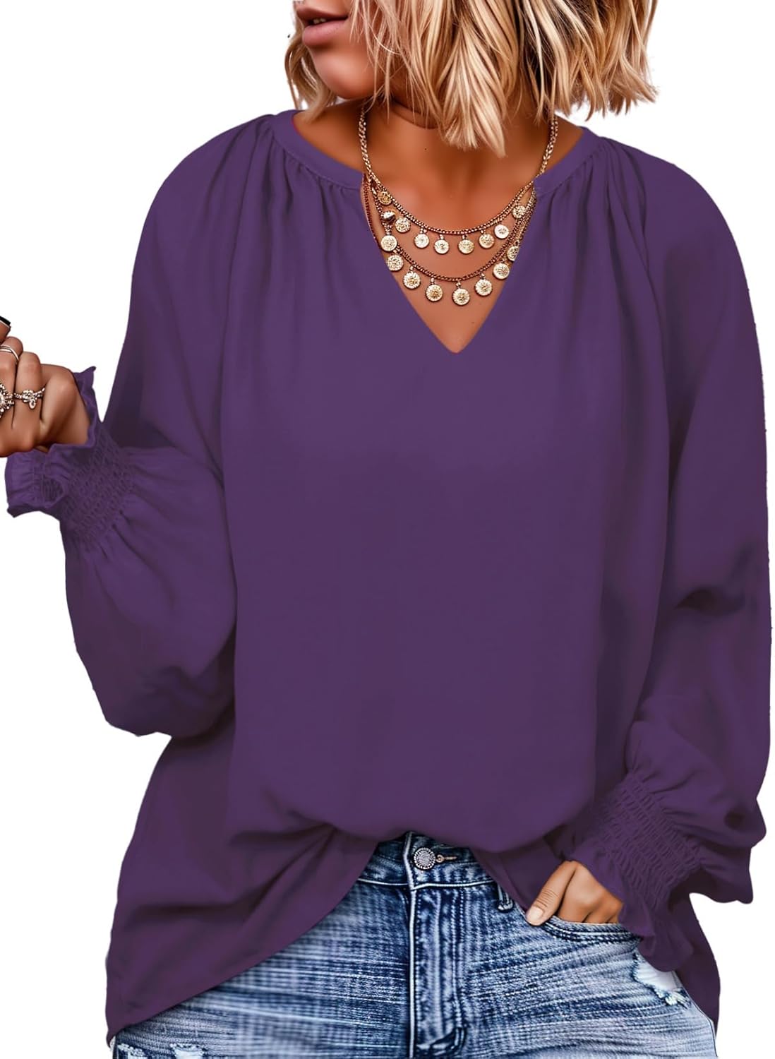 Eytino Womens Plus Size Tops Sexy V Neck Smocked Long Sleeve Casual Chiffon Blouse Flowy Work Shirts(1X-5X)