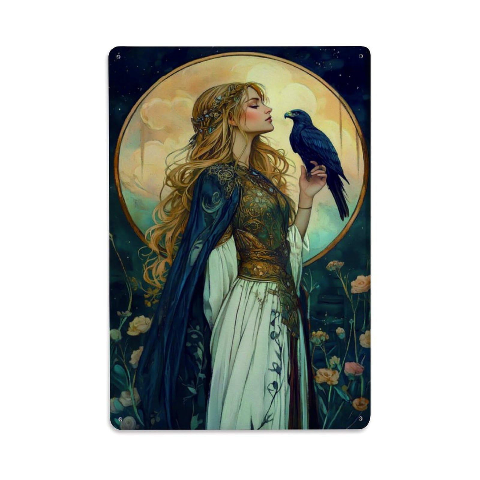 Ldfuieksufg Style Goddess & Falcon In Flowers Vintage Aluminium Metal Sign, Retro Wall Decor For Home, Bar, Garage & Farmhouse 30X20cm