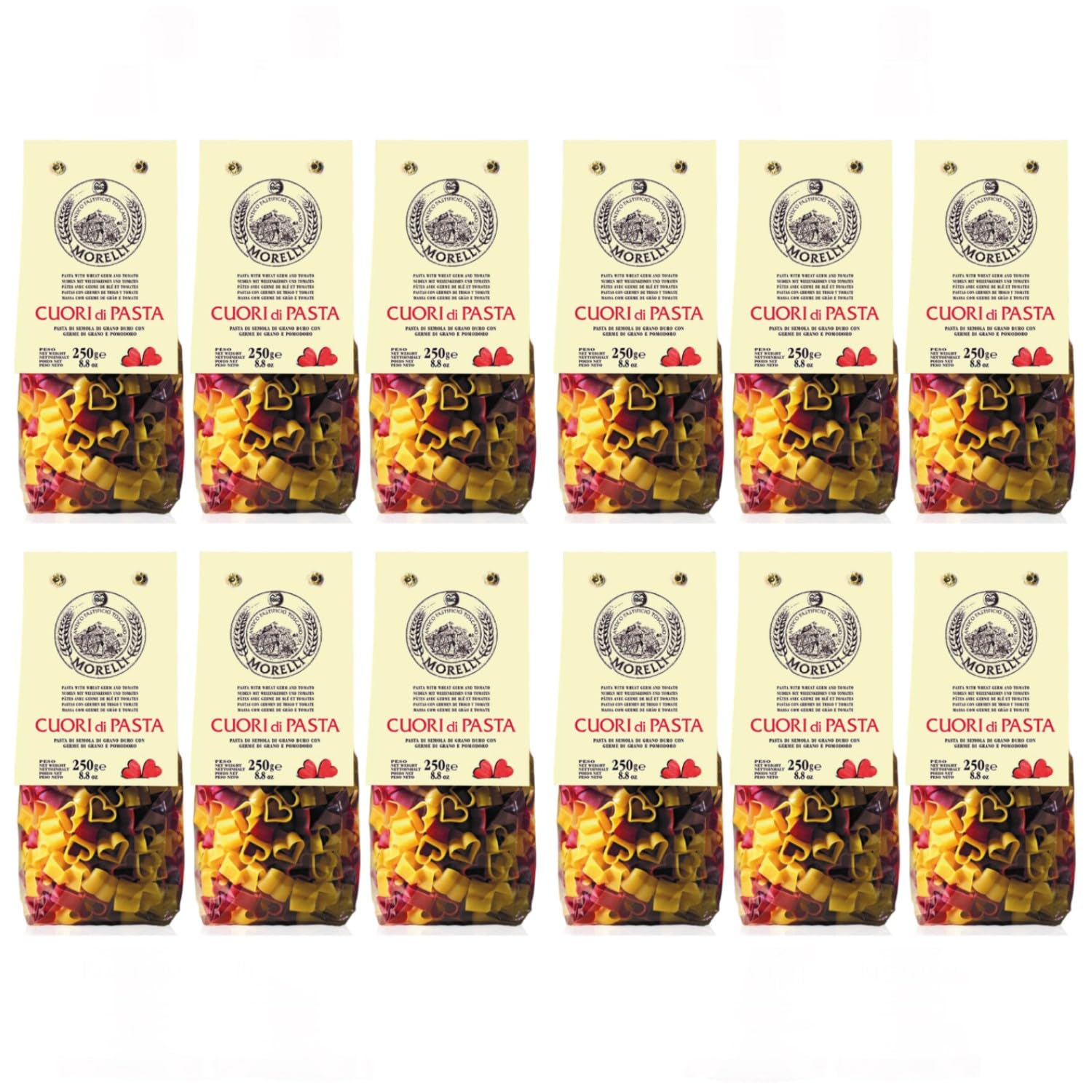 Morelli Cuori di Pasta Herznudeln 2 farbig Pasta Nudeln Italien inkl. FeinWert E-Book (12 x 250g)