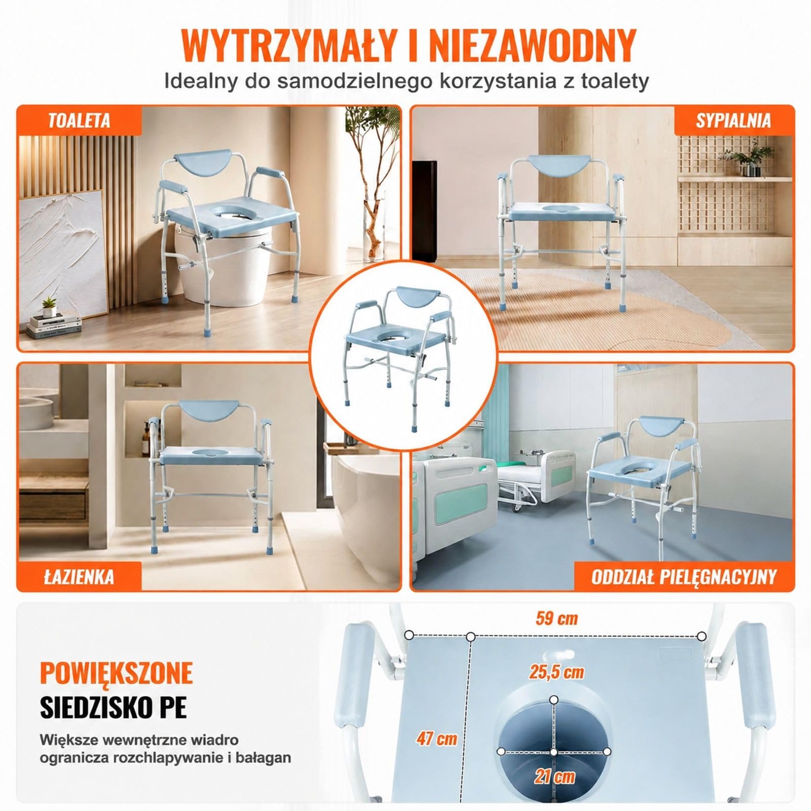Krzesło toaletowe, stolik nocny ze składanymi podłokietnikami i zdejmowanym oparciem, 5-stopniowa regulacja wysokości 50-62 cm, zdejmowany pojemnik o pojemności 7 litrów, łatwy montaż, udźwig 453