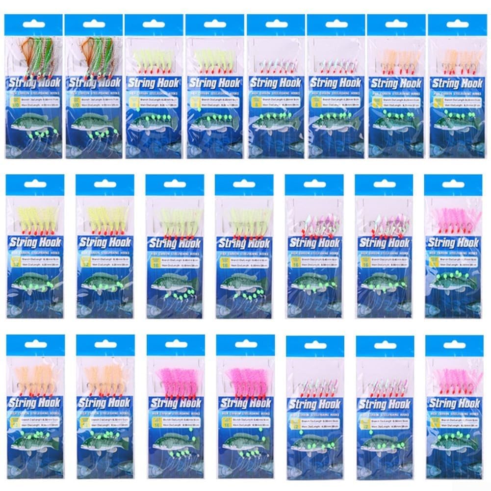 22 Packs Fishing String Hooks with Fish Skin Feather Bait Rigs, Realistic Shrimp Motion Lures for Freshwater Saltwater, Multi-Species Tackle for Mackerel Herring Smelt