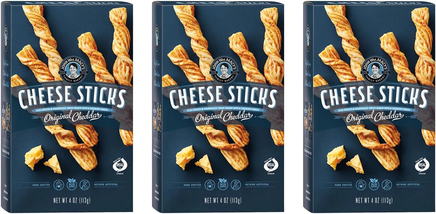 John Wm. Macy's - Original Cheddar CheeseSticks - Hand Crafted, Non GMO, and Nothing Artificial - Made with Real Cheese - 4 oz. Cartons - 3 Pack
