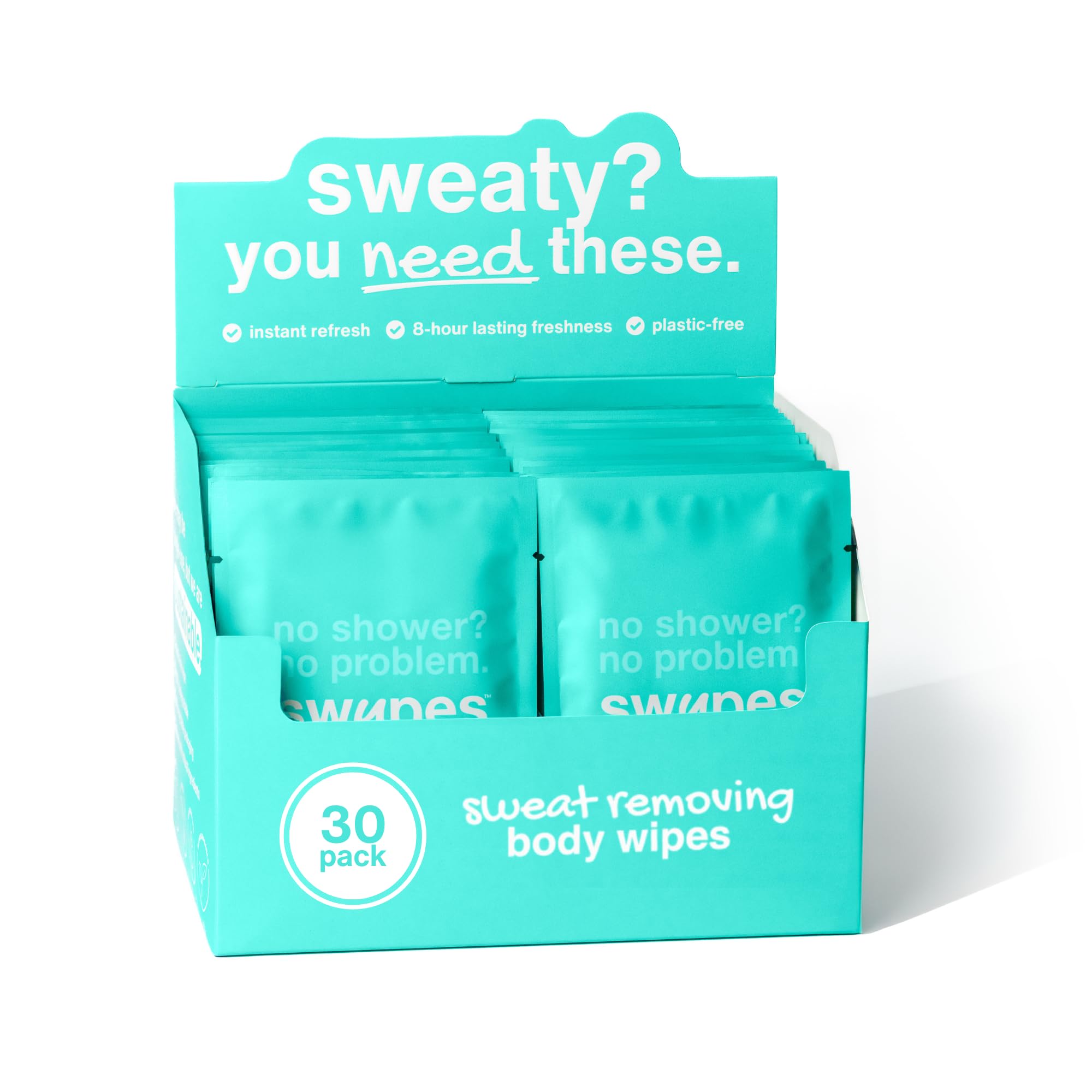 Swypes Lot de 30 grandes lingettes corporelles 100 % biodégradables double face sans rinçage pour le visage et le corps | Infusées de vitamine E | Pour salle de sport, voyage, camping, festivals,