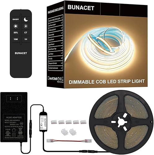 BUNACET COB - Tira de luces LED 20 pies 24 V regulable 3000 K luces LED blancas cálidas para dormitorio con enchufe remoto cinta LED luz de fondo de