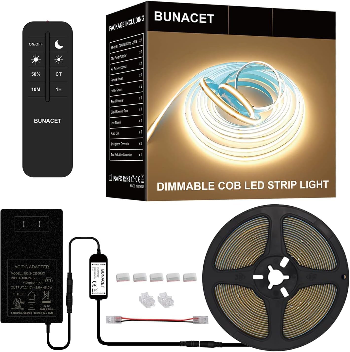 BUNACET COB LED Strip Lights 2880LEDs, Bright COB LED Lights 20ft LED 3000K Warm White Dimmable with RF Remote Under Cabinet Lighting for Bedroom