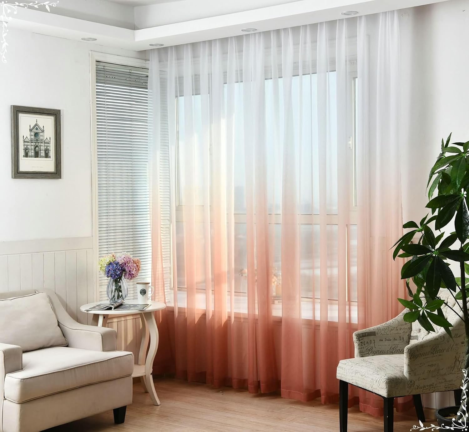 Daesar Sheer Curtains 2 Panels Set 52 Inch Length, Eyelet Transparent Curtains Gradient Color Voile Drapes Window Treatment for Home, Office, Bedroom Living Room, 42x52 Inch Orange Red