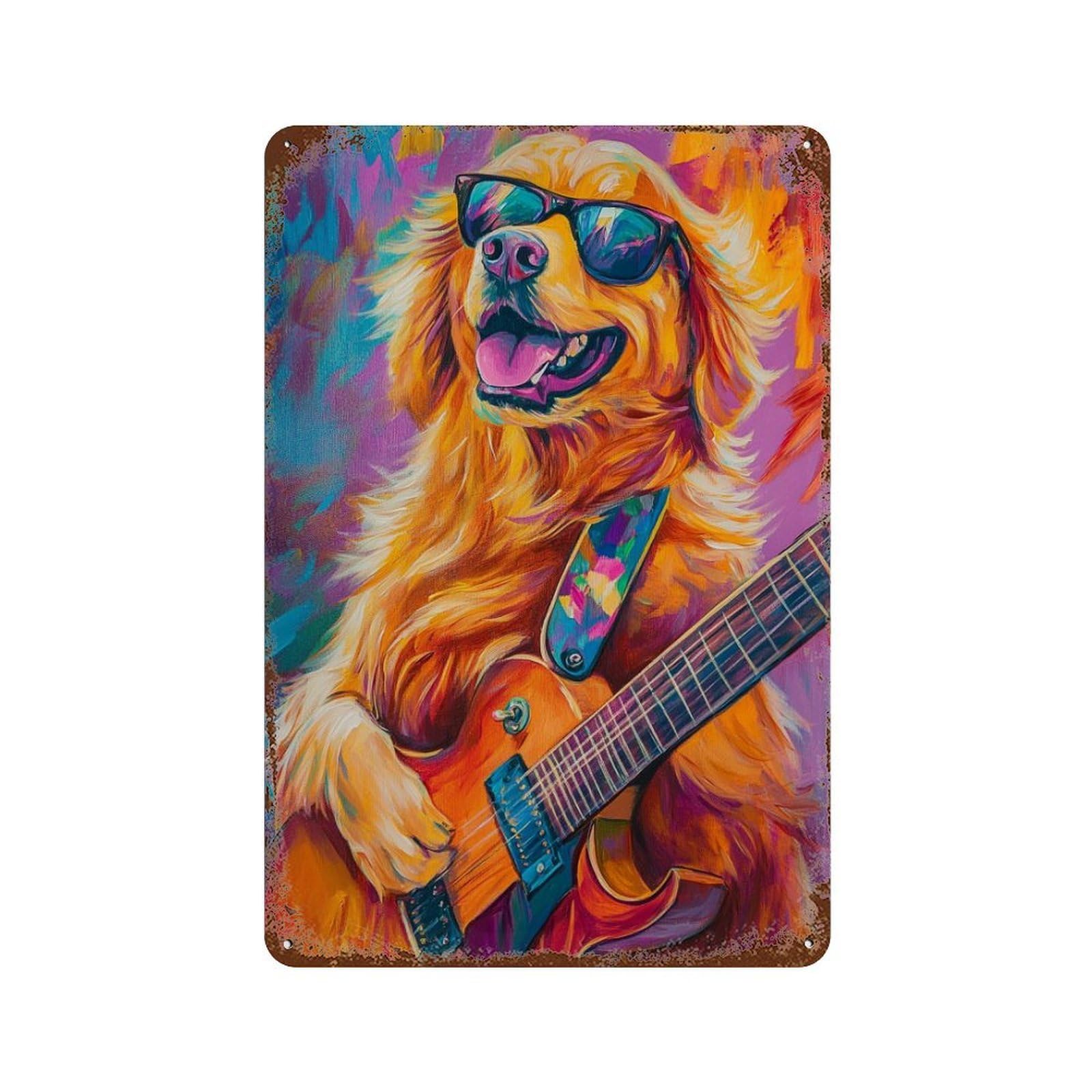 Rust Effect Rock Star Golden Retriever Guitar Rusty Metal Tin Sign 11.8"x7.9", Old School Wall Decor for Garage, Bar And Workshop Decor