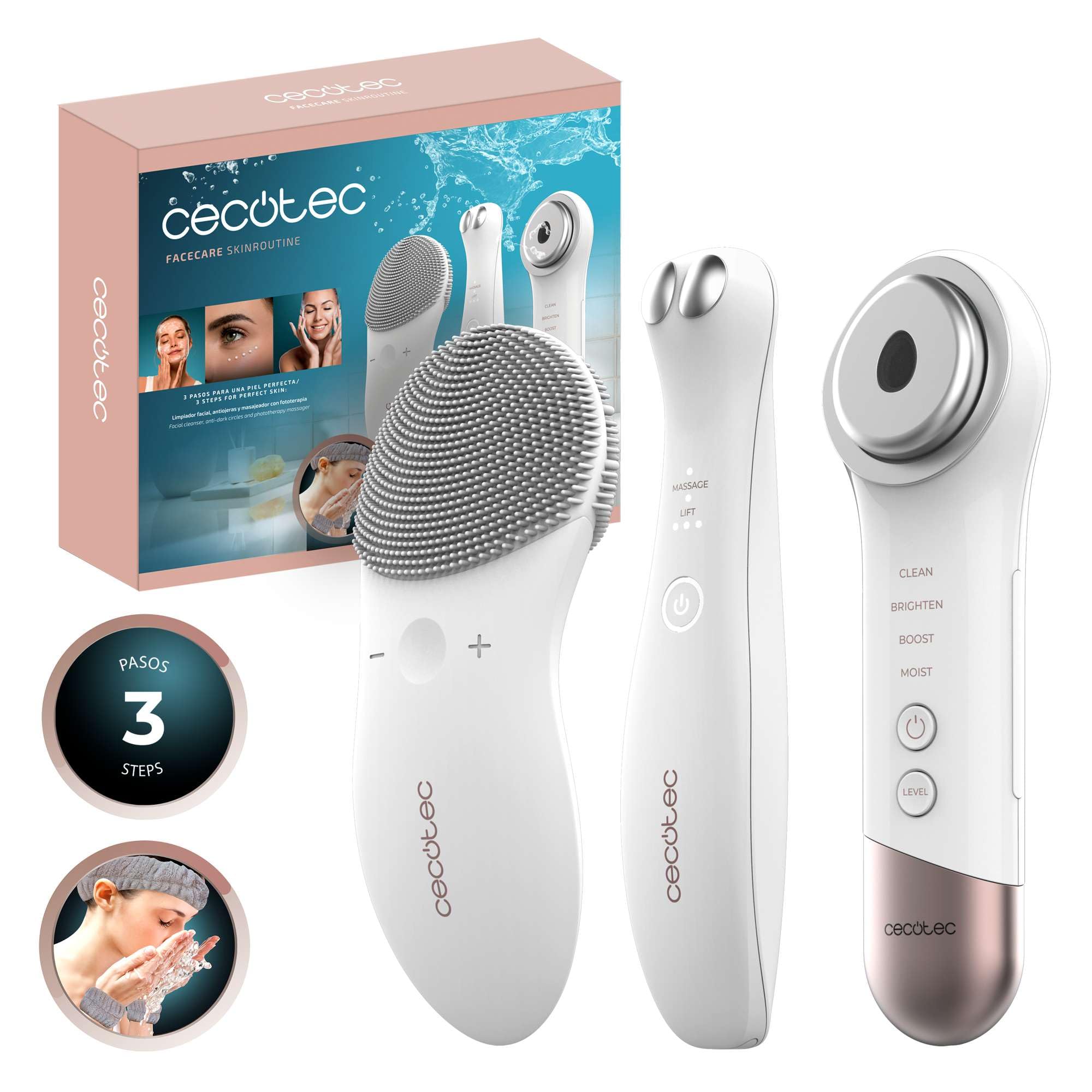 Cecotec Limpiador Facial Masajeador Fototerapia Facecare Skinroutine. Skin Care: Limpiador, Dispositivo Antiojeras y Masajeador, Potencia Elasticidad de La Piel, Incluye Diadema y Muñequeras