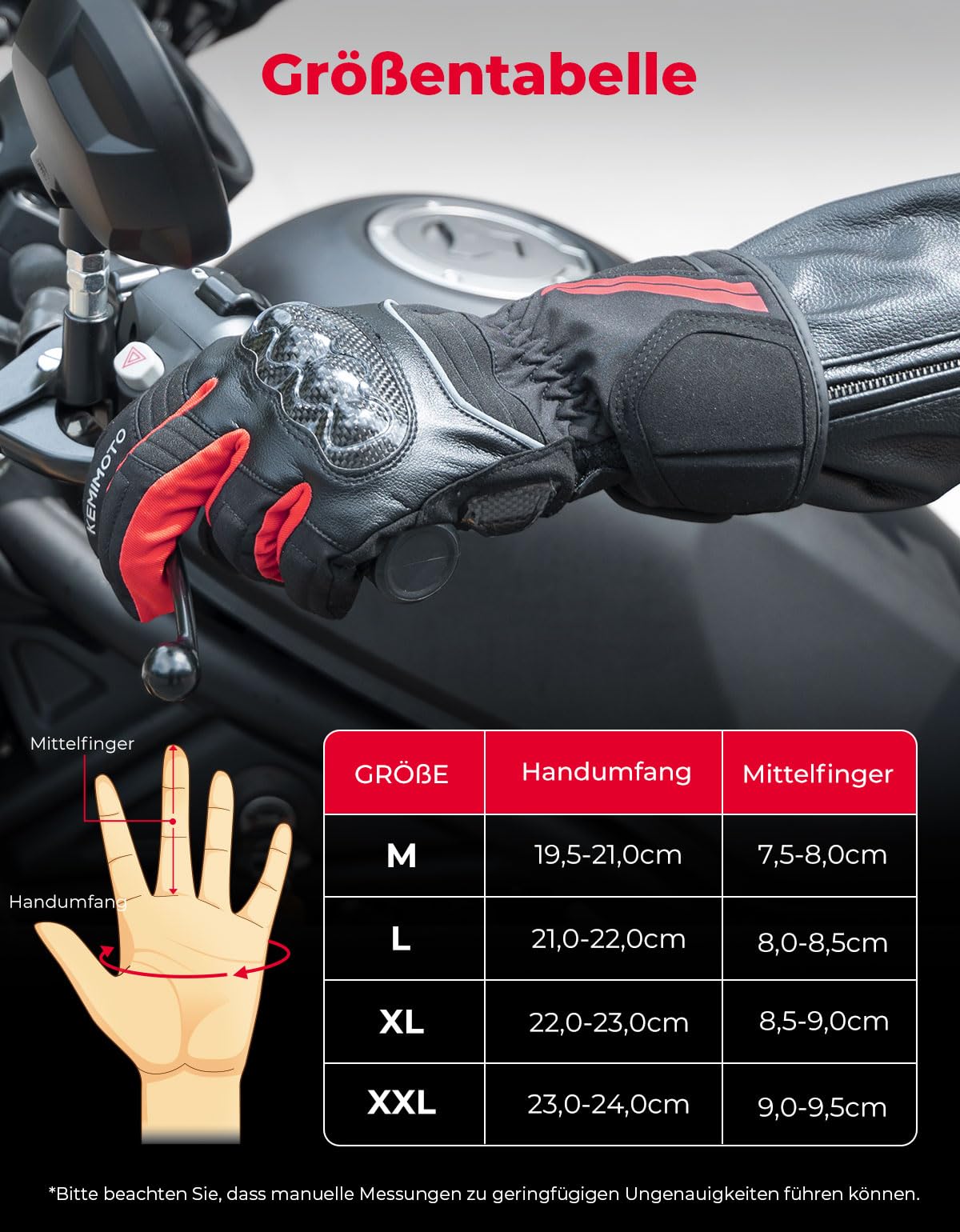 KEMIMOTO Winter Motorradhandschuhe, wasserdichte und Winddichte Motorradhandschuhe für 0°C~5°C, Verschleißfeste Handschuhe mit Kohlefaserschale,Touchsreen Winter Thermo Handschuhe für Skifahren