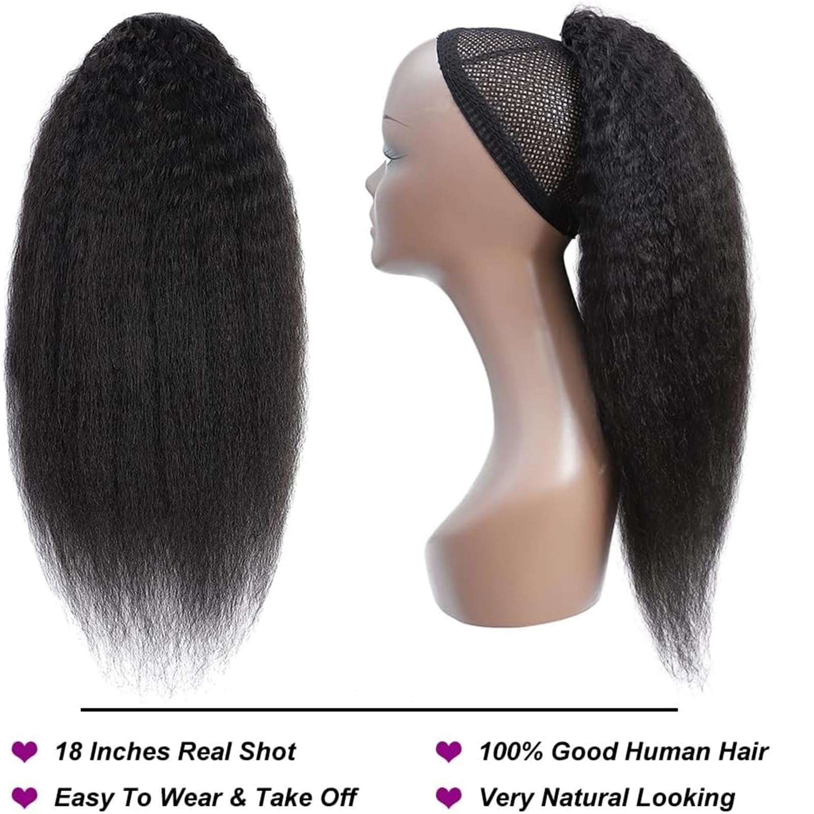 Naturale Extension for coda di cavallo liscia e crespa con coulisse e capelli umani brasiliani for donna Aspetto perfetto(20inches)