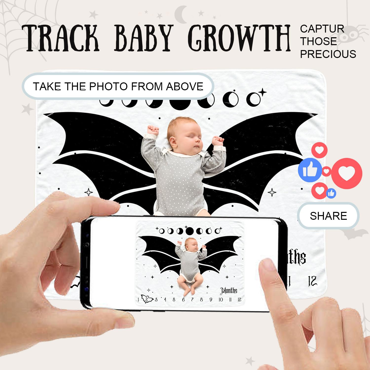 Manta mensual de murciélago gótico para niños, manta gótica del mes del recién nacido, manta de franela suave con fondo de fotografía, regalo de ducha personalizado de Halloween, murciélago gótico