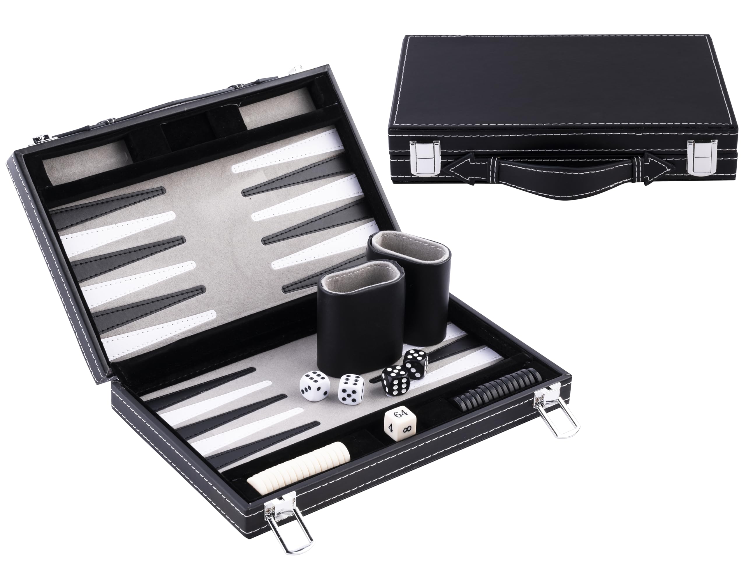 Engelhart – 250512 – Backgammon 11 cali – czarno-biało-szary – skóra sztuczna – filc – 2 osoby – gra podróżna