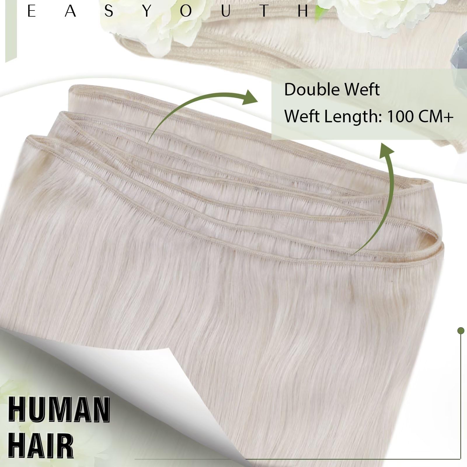 Easyouth 100G Sew in Hair Extensions Real Human Hair White Blonde Weft Hair Extensions Human Hair Blonde Hair Extension Real Human Hair Weft Add Length and Volume 24In - Image 2