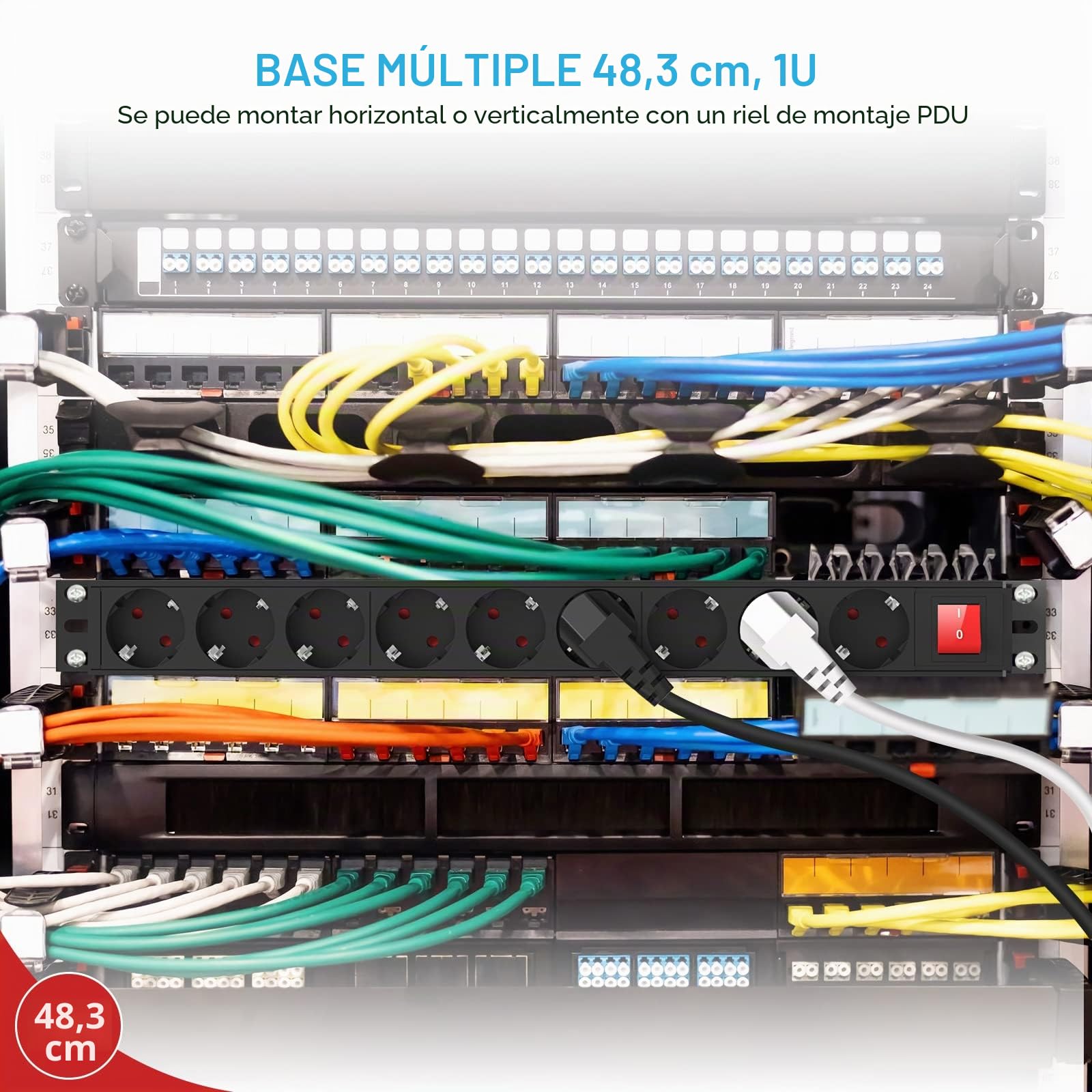 Regleta Enchufes con 9 Tomas, Enchufe Multiple, Regleta Enchufes con Interruptor, Regleta Eléctrica Rack de 19 Pulgadas, Cable de 2M, 3500W/16A para el hogar, Oficina y Viajes, Negro