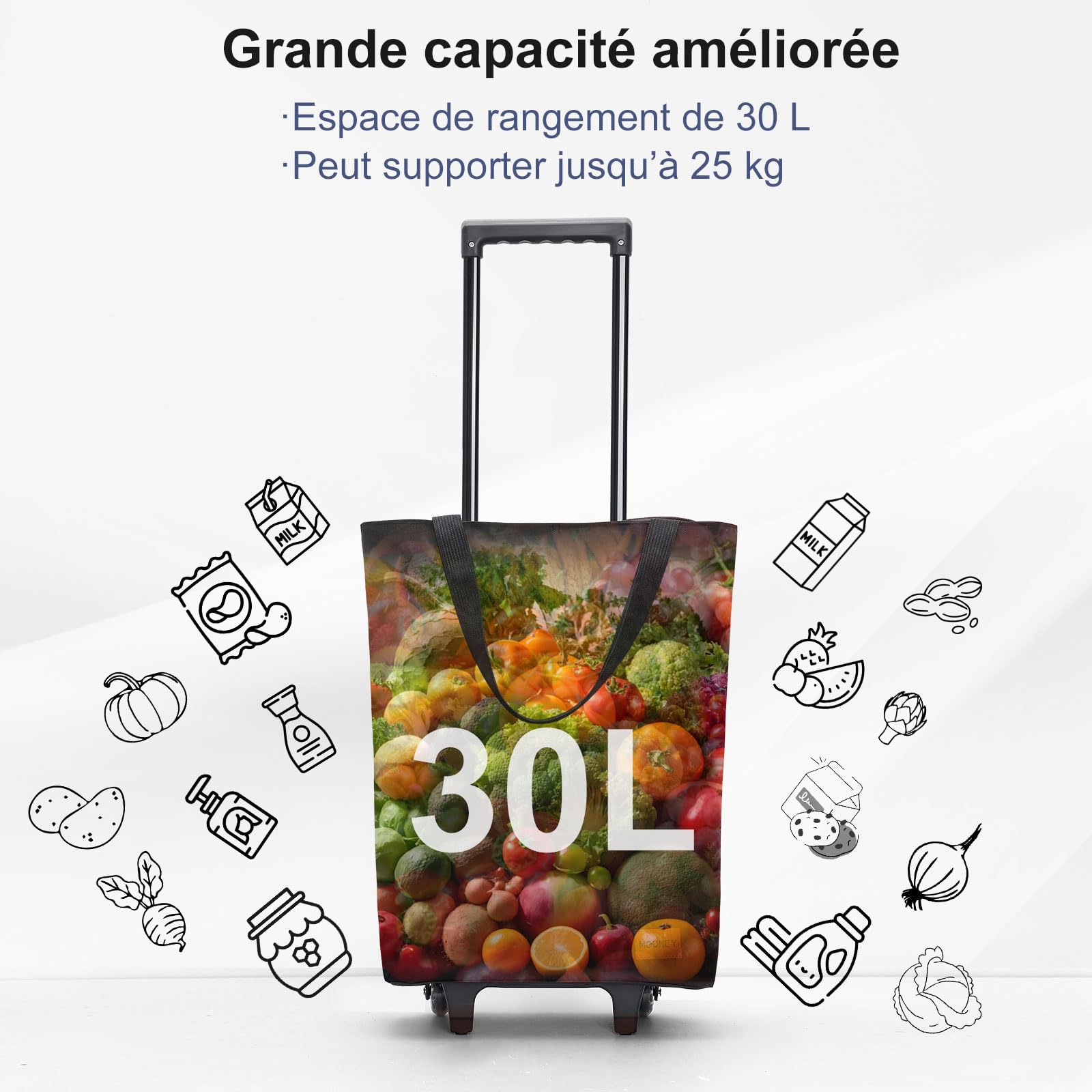 MOONCY Chariot de Courses 2-en-1, Caddie de Courses Pliable 30L, Sac de Courses léger à roulettes pour Le Camping, Les Voyages et la buanderie, Noir