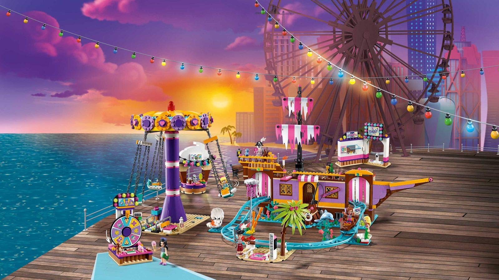 LEGO Friends Il Molo dei Divertimenti di Heartlake City, Parco dei Divertimenti con Montagne Russe su Nave Fantasma, Giostra del Luna Park e 5 Mini-doll, 41375