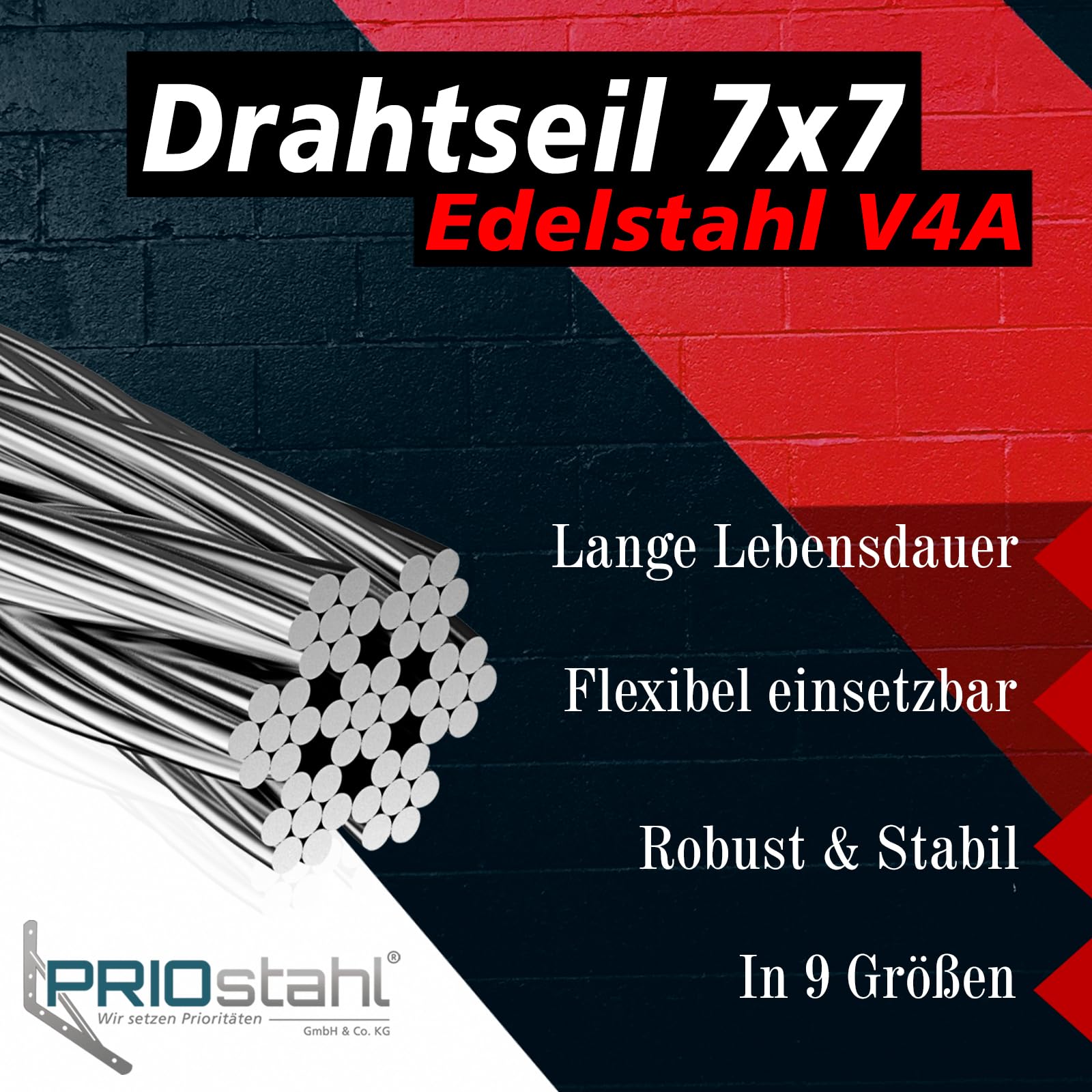 PRIOstahl Drahtseil Edelstahlseil Stahlseil Spannseil Draht Geländerseil Edelstahldraht 7x7 Reling - 50 Meter Seil Ø 5 mm zum Sichern Heben Aufhängen Dehnbar Flexibel Rostfrei aus Edelstahl V4A