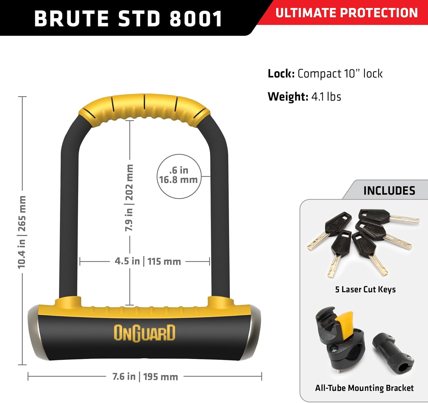 OnGuard Brute STD U-Lock – 16.8 mm (0.66 in) Hardened Steel Bike Lock, 115 mm × 202 mm (4.53 in × 7.96 in) Interior Dimensions, X4P Quad Lock Mechanism with Mount Bracket