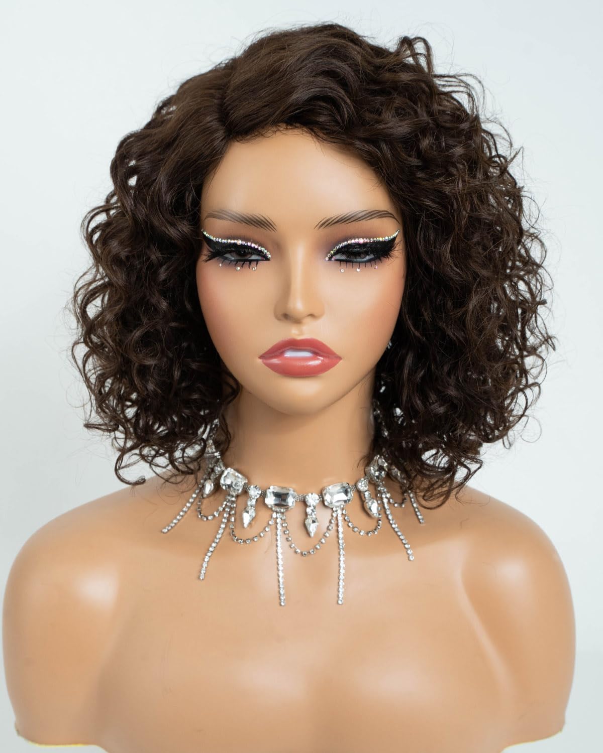 Style Icon Short Water Wave Wigs Human Hair Side Part Lace 12 inch Dark Brown Curly Bob Wigs Glueless Wear and Go Wig for Women C-Lace (Color:4)