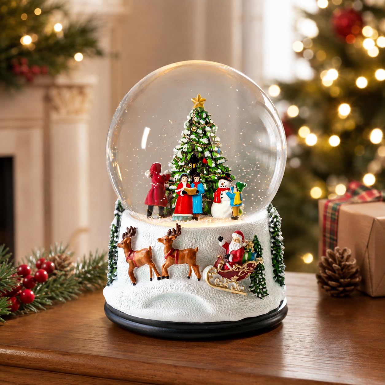 Lighted Christmas Snow Globe with Music &amp; Timer, Santa Sleigh &amp; Carolers Scene, Swirling Water Glitter Globe, Traditional Holiday Tabletop Centerpiece Decoration