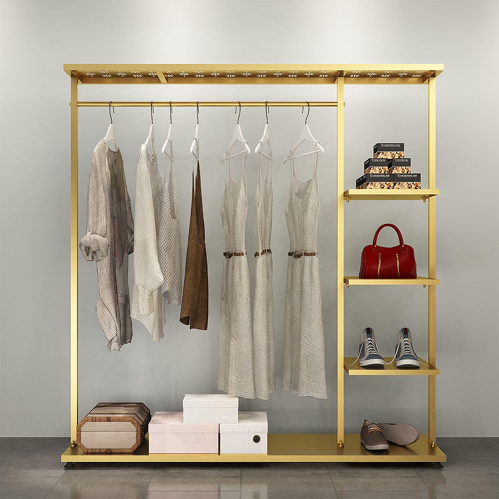 Appendiabiti con Ripiano Inferiore, Stabile Porta Abiti con Ripiano Superiore, 3 Strati Scaffale di Stoccaggio, Metallo Appendi Abiti per Camera, Entrata (Oro, 150x40x170cm)