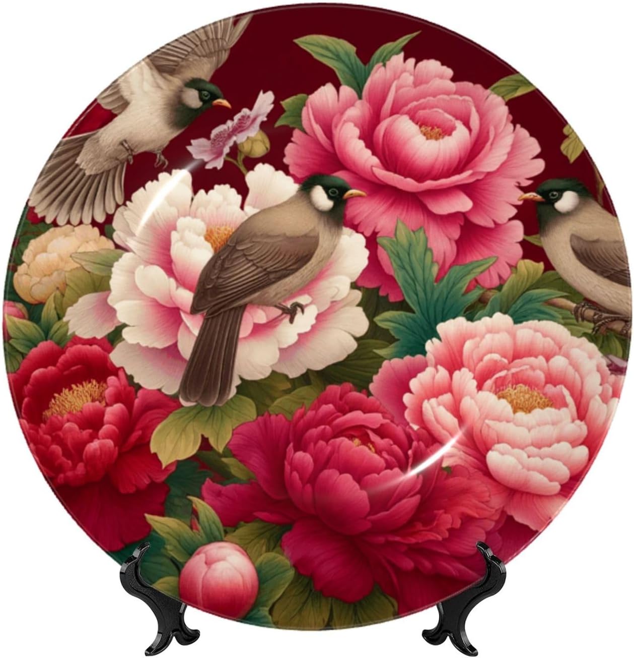 Chinese-Art-Bulbuls-Peonies 10 Inch Decorative Plate With Stand, Elegant Display Wall Plate For Home Decor