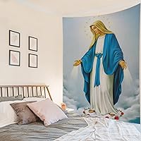 Vista 8 de HVEST Tapiz cristiano de la Virgen María y Jesucristo en el Paraíso para colgar en la pared, de Ángeles en el Cielo, para dormitorio, sala de estar