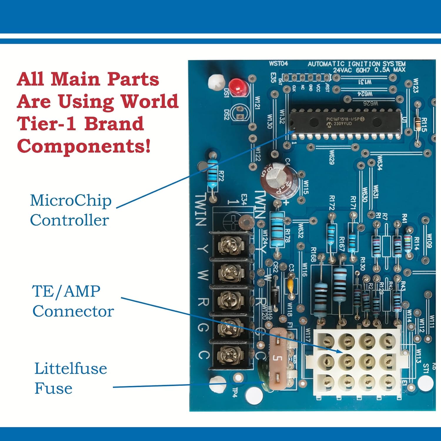 Close-up of furnace control board showing MicroChip controller and fuse
