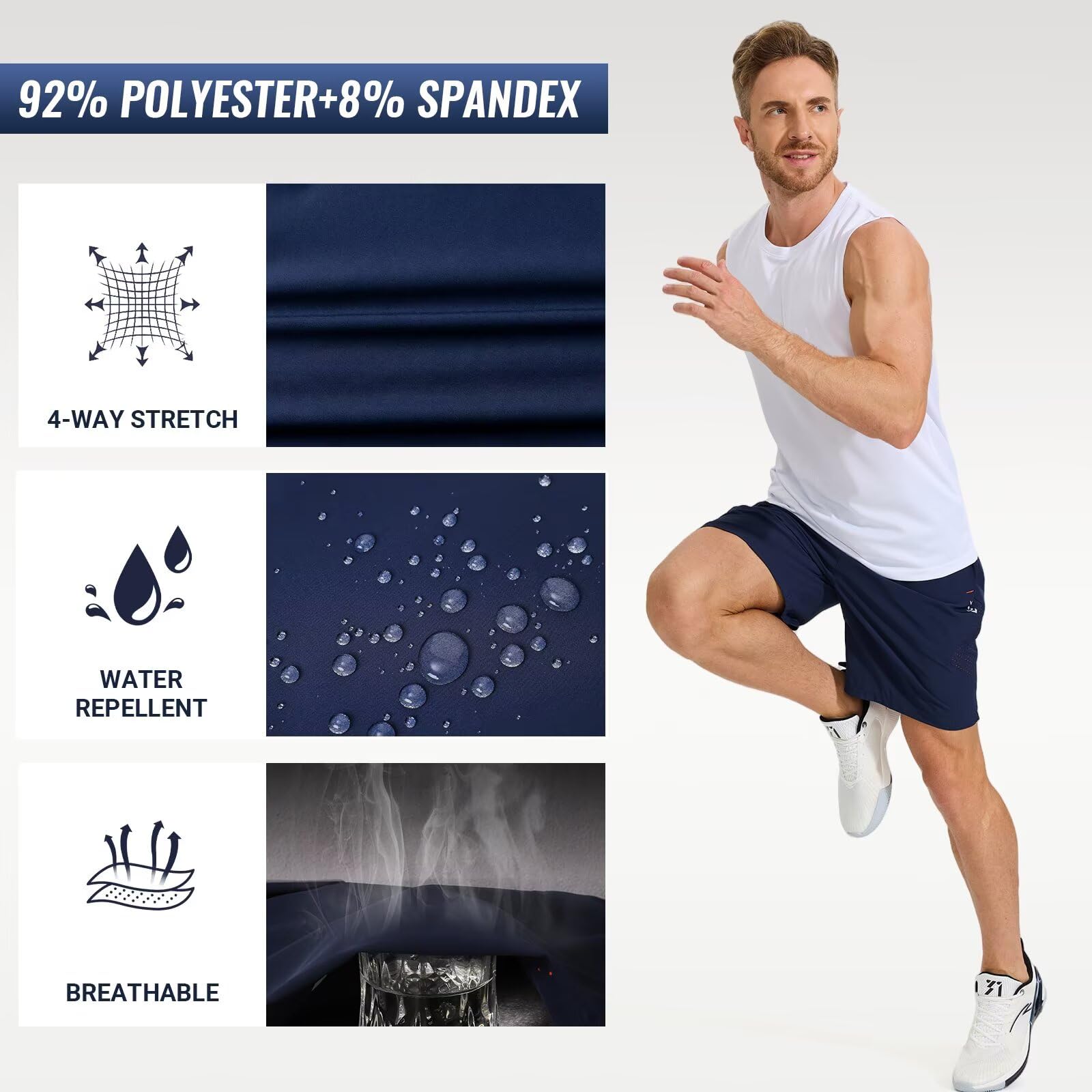 LUWELL PRO Short de Sport pour Homme avec Poche Zippée Sport Tennis Séchage Rapide Shorts de Course à Pied - 4