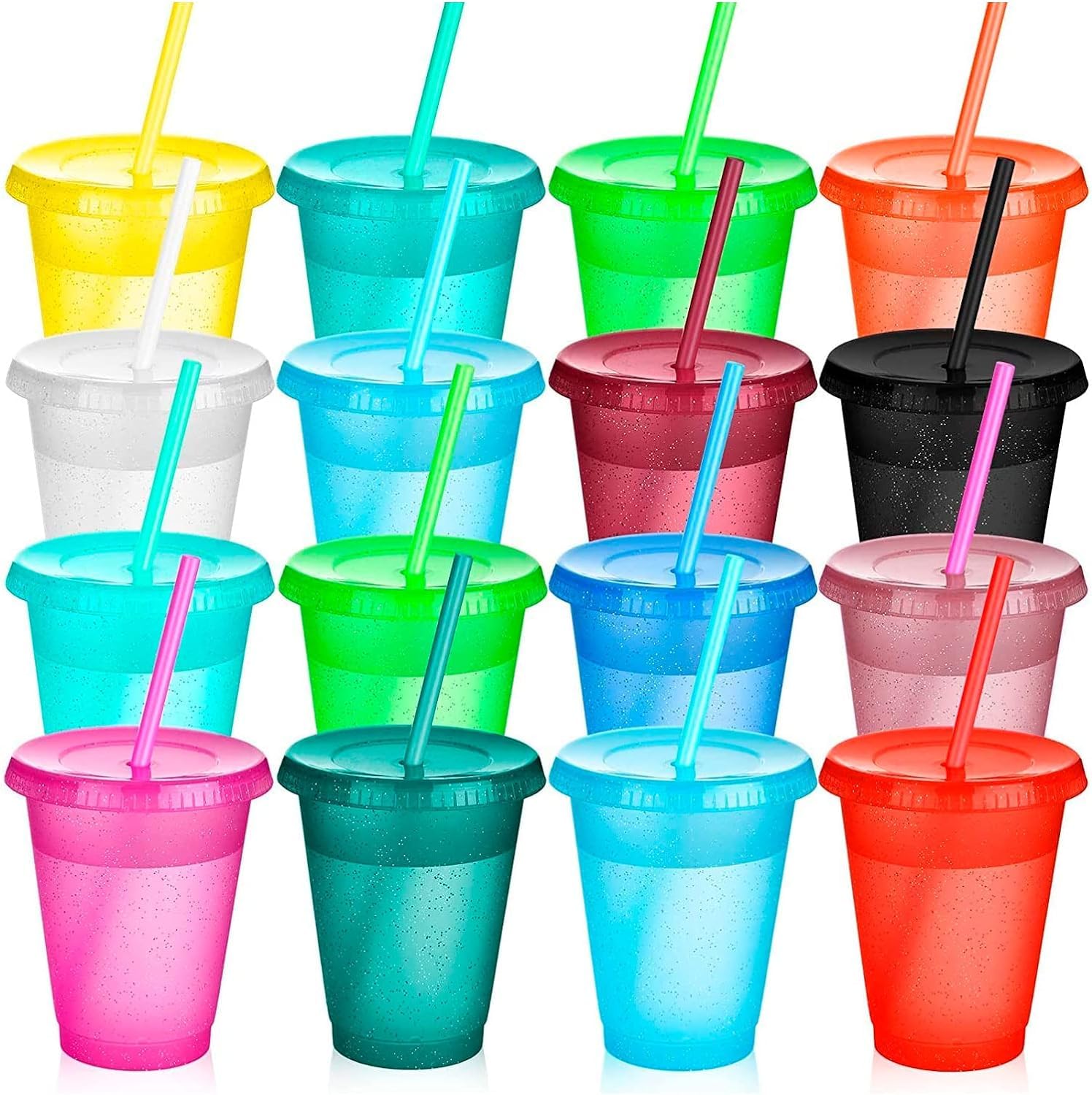 Kids Plastic Cups with Lids,15Pack Reusable Bulk Funny Travel Tumblers Set for Birthdays - Party & Travel - 16oz Iced Smoothie Coffee Drinking Cup, Multi Colors