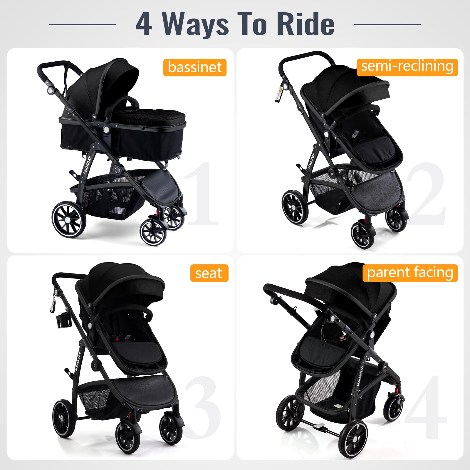 Hagaday Baby Stroller, 2-in-1 Reversible Toddler Seat with Lie-Flat Mode, Foldable Infant Stroller with Canopy, One Button Brake, Adjustable Handle, Newborn Pushchair (Black B) in use