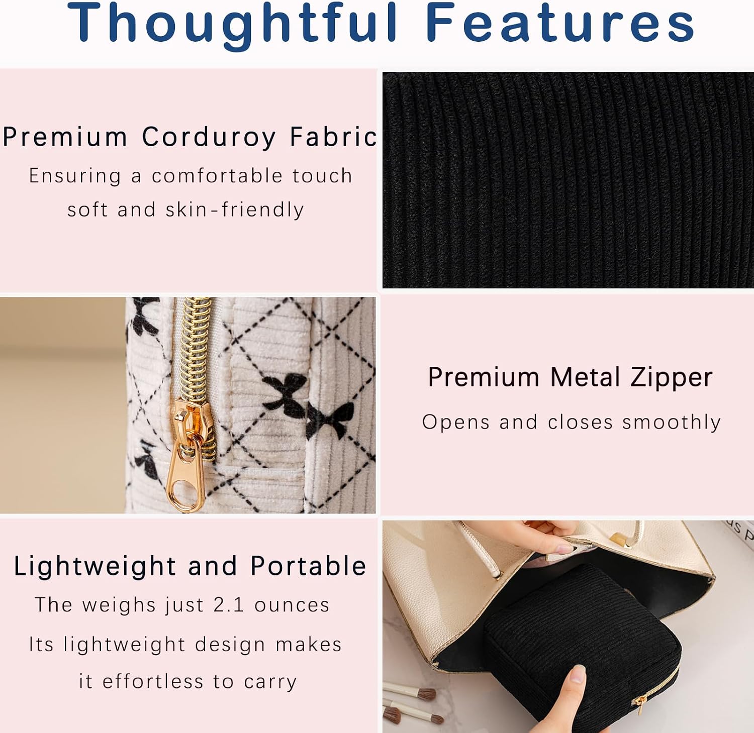 RSRSLEII Cute Mini Corduroy Zipper Makeup Bag for Purse, Small Coquette Aesthetic Pouch for Women Girls, Key Pocket Lipstick Bag Card Holder Data Cable Organizer with Slip-in Pocket(14Black) image 5