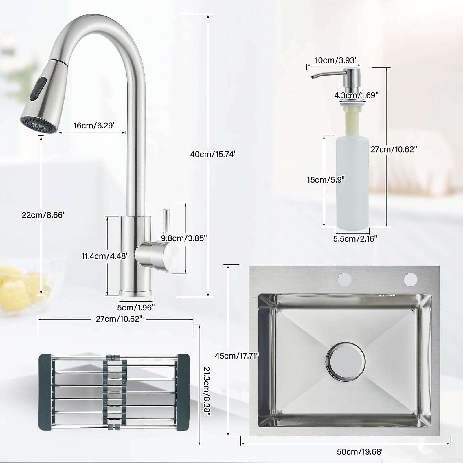 Fregadero de Cocina de Acero Inoxidable con Grifo Extraíble, Dispensador de Agua Pura y Jabón Líquido, Fregadero de Cocina de Acero Inoxidable Cepillado (55 cm × 45 cm)