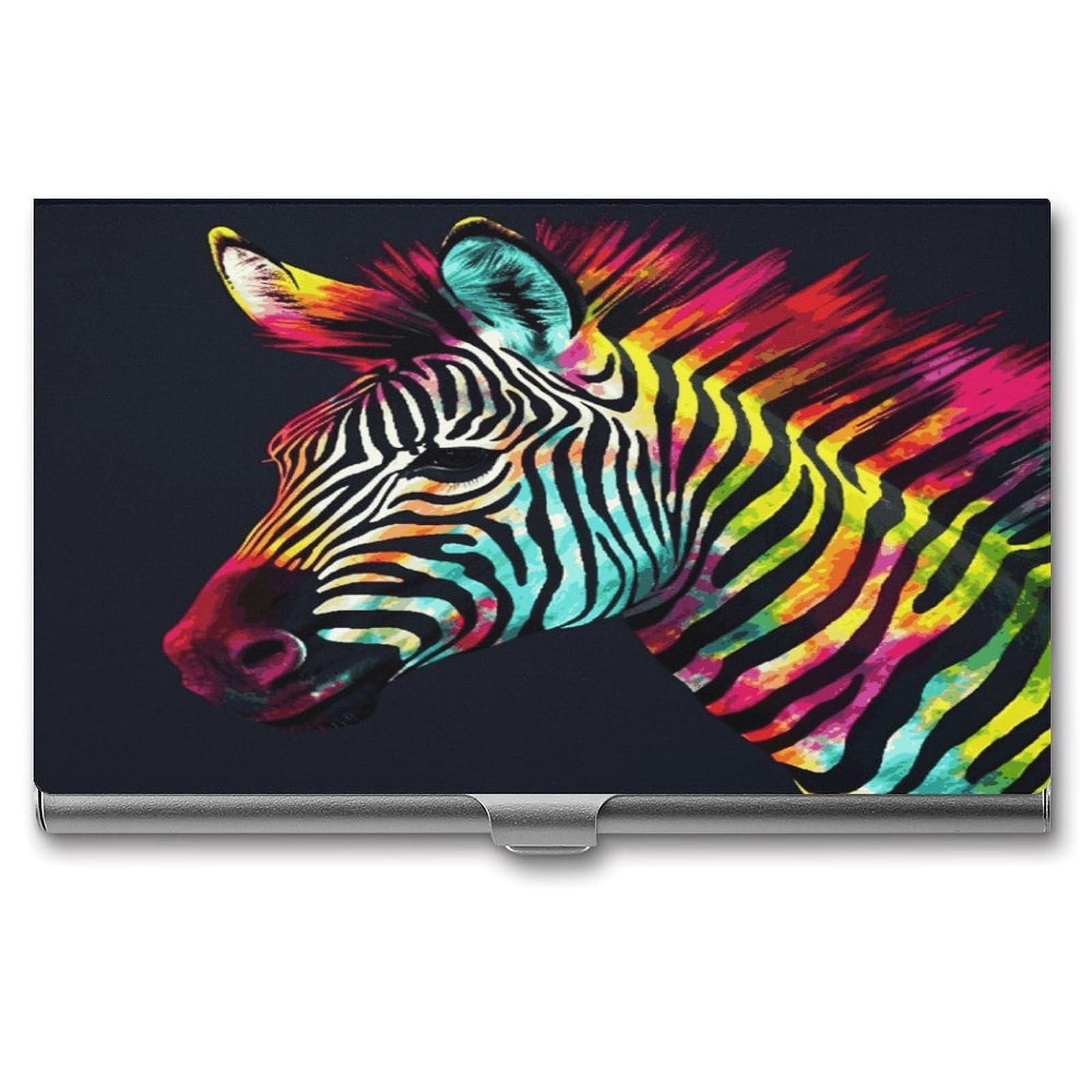 FekiLoot Colorful Rainbow Zebra Business Card Holder for Men Women Metal Slim Organizer Business Card Carrier Wallet Name Cards Holder Retro Slim Pocket Purse Small Portable Card Case