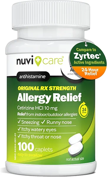 Nuvicare 24-Hour Allergy Medicine - Cetirizine Hydrochloride 10mg Tablets - Compare to the Active Ingredient in Zyrtec Antihistamine Meds - Generic Allergy Pills for All Day Allergy Relief (100 Count)