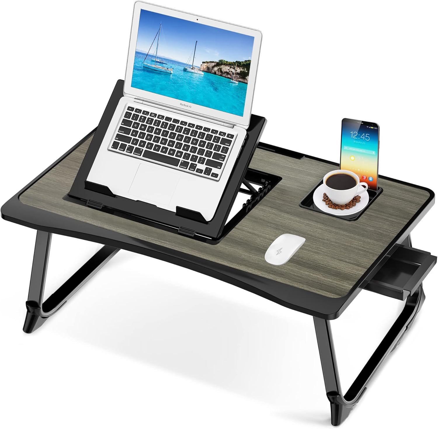 Lap Desk, Laptop Bed Tray with Multi-Functional Features - Breakfast Serving Bed Table with Folding Legs, Cup Holder & Adjustable Notebook Stand with Top Storage Drawer (Gray)