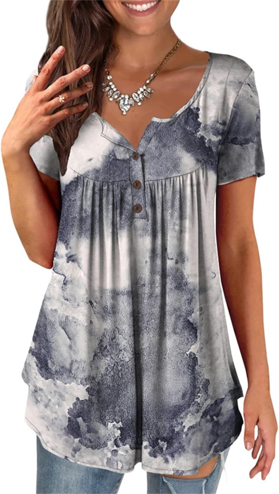 ZIXZMDShirts for Women Casual Spring Henley V Neck Flowy Tie Dye Short Sleeve Trendy Casual Women Blouses and Tops Fashion