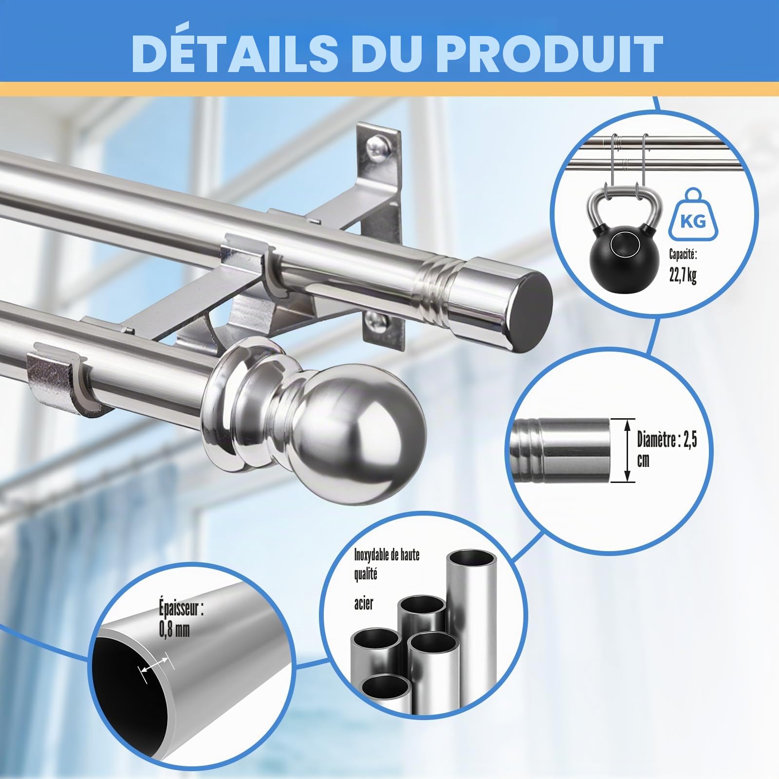 Double tringle à rideaux réglable de 2,5 cm pour porte coulissante en verre, terrasse, chambre à coucher, argenté - 76 à 218 cm