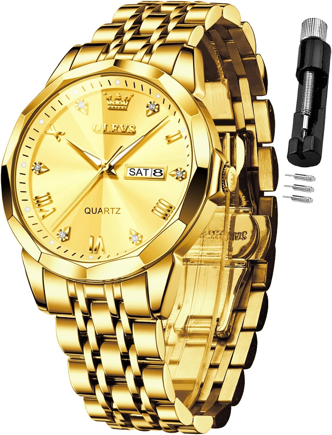 Watch for Men Diamond Business Dress Analog Quartz Stainless Steel Waterproof Luminous Date Two Tone Luxury Casual Wrist Watch