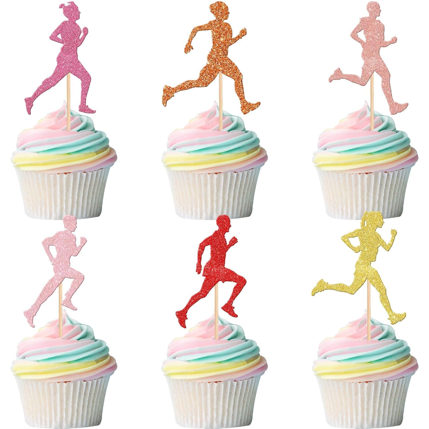 SYKYCTCY 24 Pack Running Cupcake Toppers Colorful Glitter Sports Fitness Cupcake Picks for Running Theme Boys Girls Marathon Birthday Party Cake Decorations Supplies