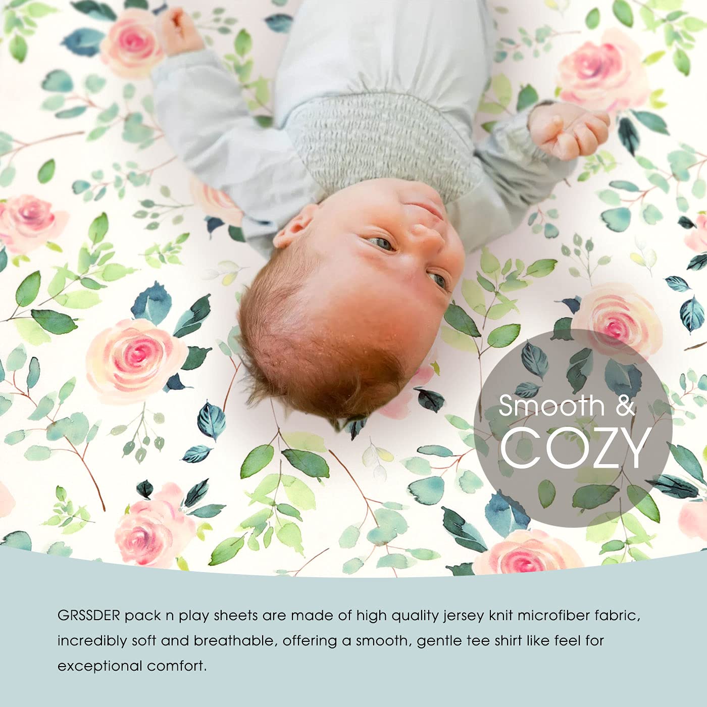 GRSSDER Stretchy Ultra Soft Jersey Knit Fitted Pack n Play Sheets Set 2 Pack, Portable/Mini Crib Sheets, Snug and Safe Playards Sheet for Baby, Pink Rose Stylish Print image 4