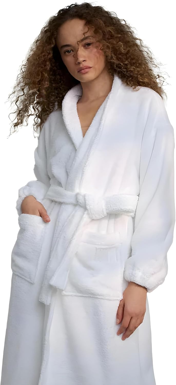 Lunya Spa Terry Cloth Robe - Premium Turkish Cotton Bathrobe with Elastic Cuffs and Pockets - Sincere White